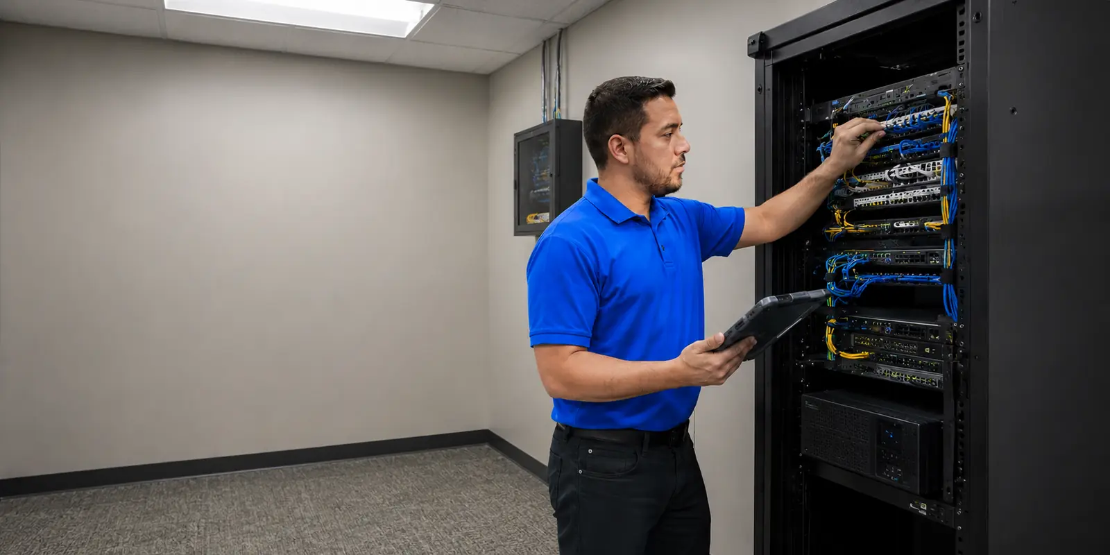 Cartennas technician servicing network equipment in an enclosed office IT closet