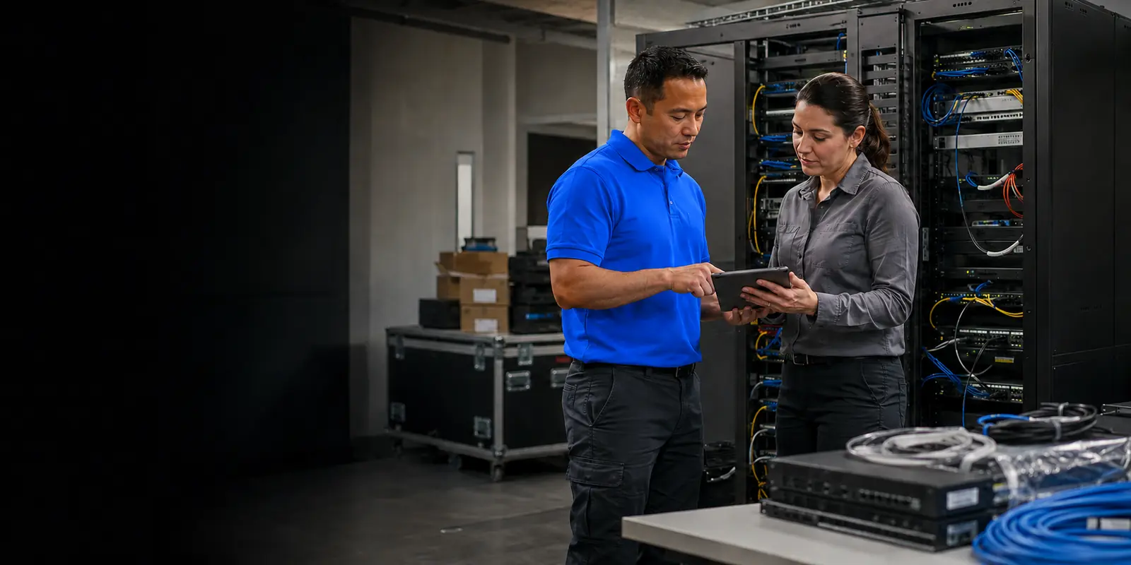 Cartennas technician and project coordinator reviewing network equipment