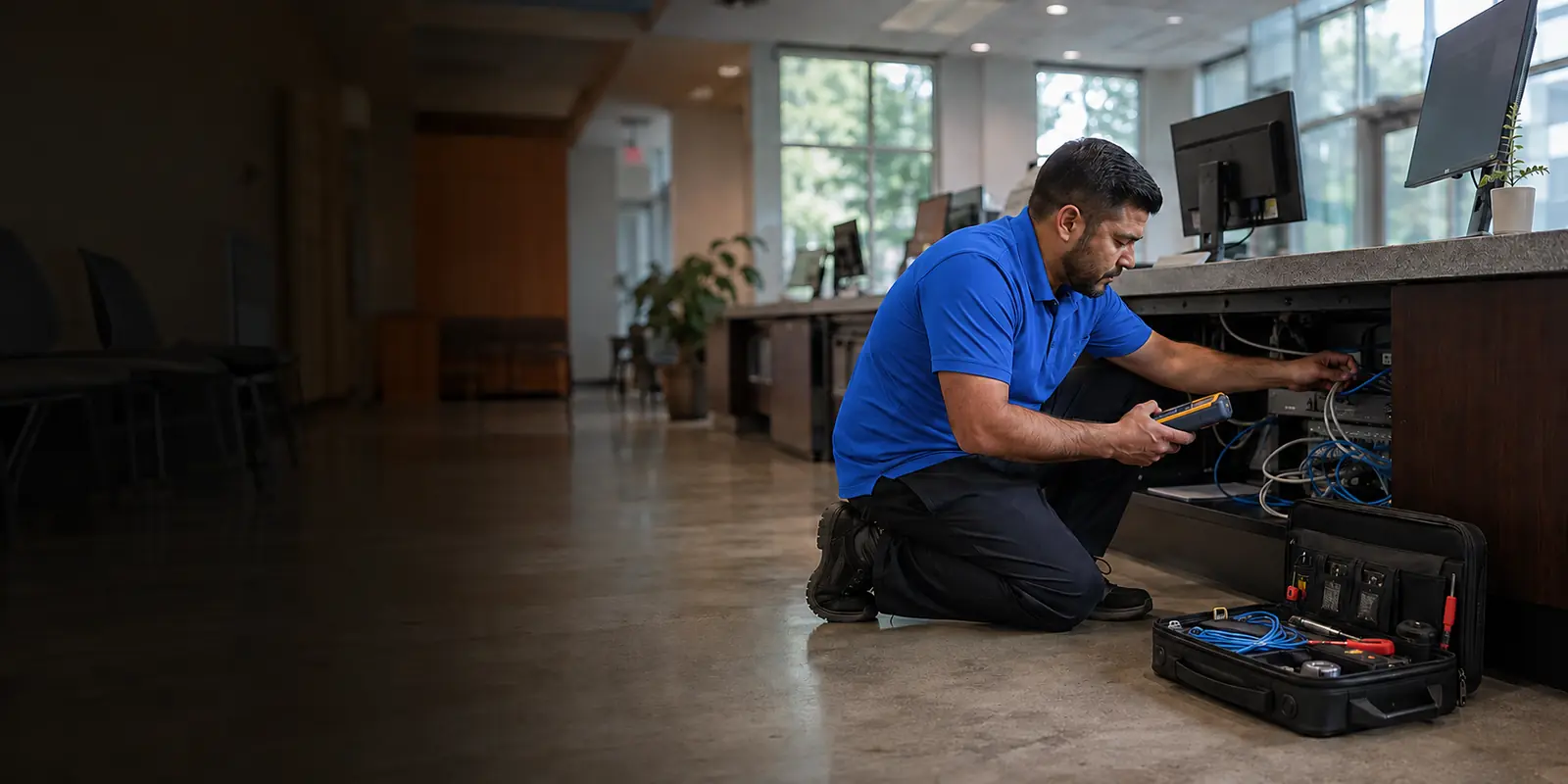 Cartennas technician supporting network equipment at a public service counter