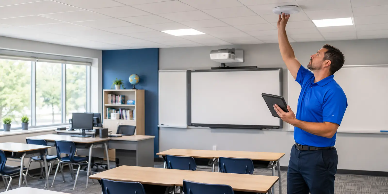 Cartennas technician installing a wireless access point in a classroom