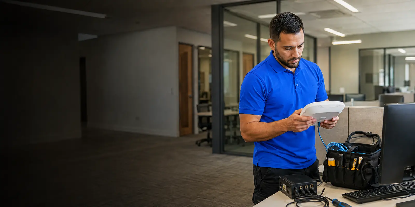 Cartennas technician preparing wireless equipment in a government office